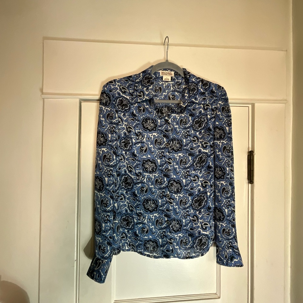 Vintage Michael Kors Blue and Black Paisley 100% Silk Blouse